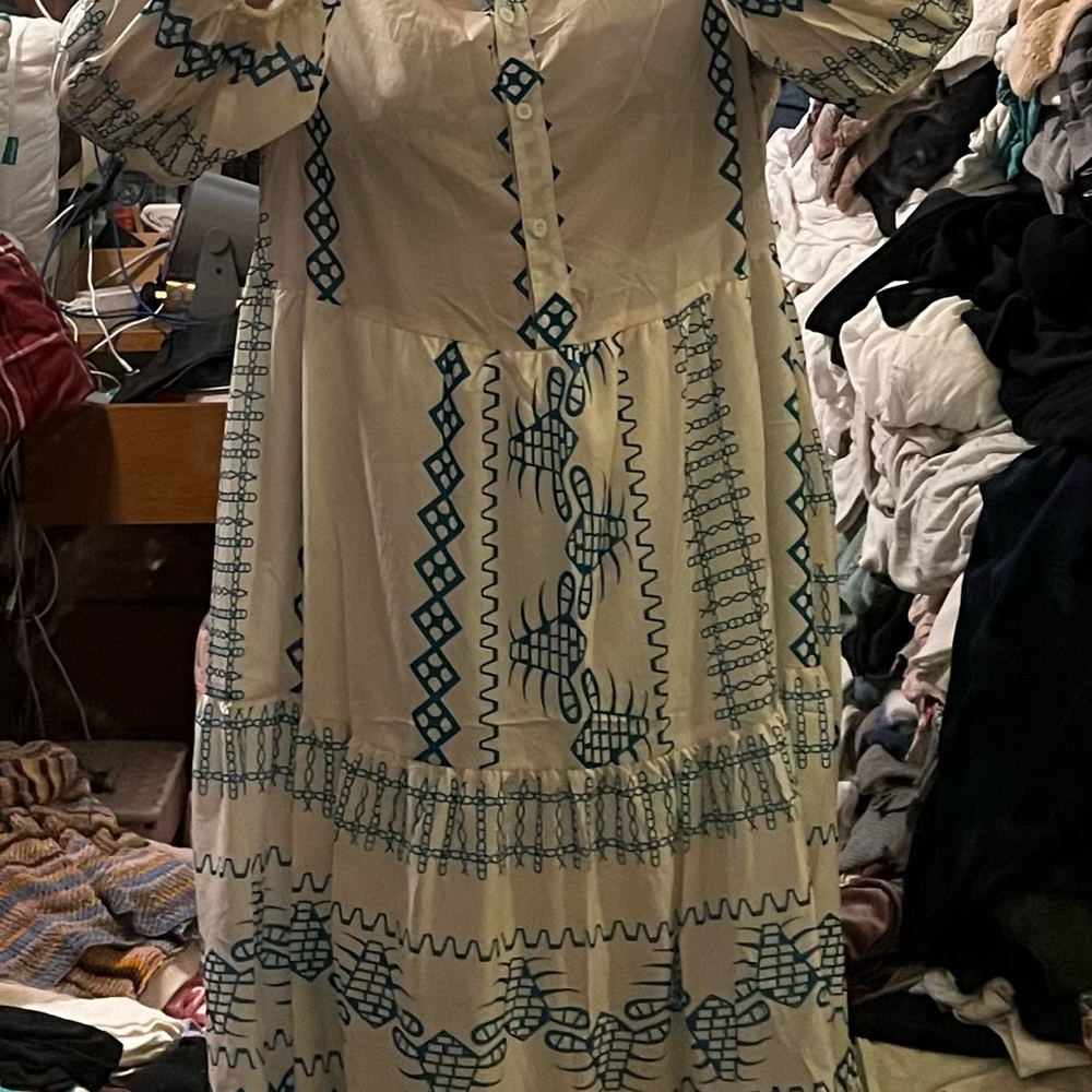 SHEIN White and Blue Geometric Long Sleeve Dress - Picture 3 of 5